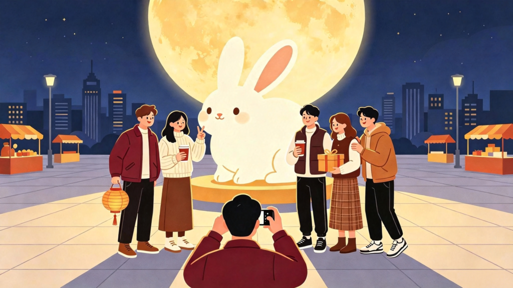 中秋朋友逛灯会扁平风插画