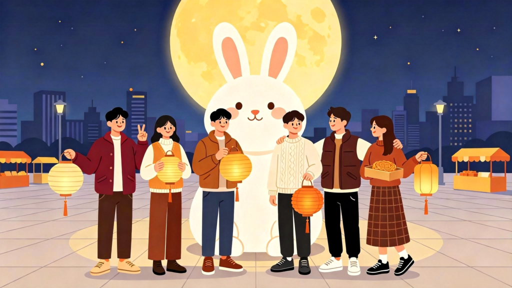 中秋朋友灯会游玩扁平风插画
