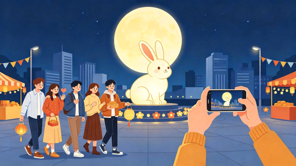 中秋朋友灯会游玩扁平风插画