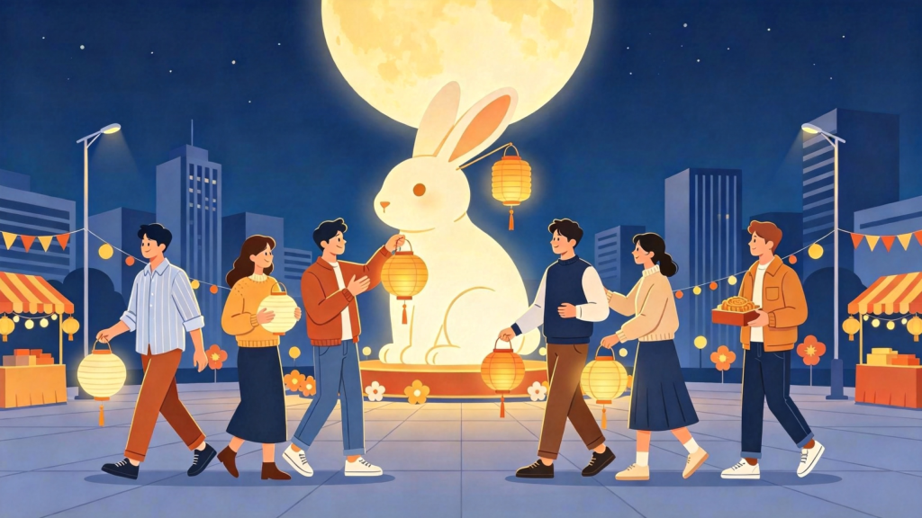 中秋朋友灯会游玩扁平风插画