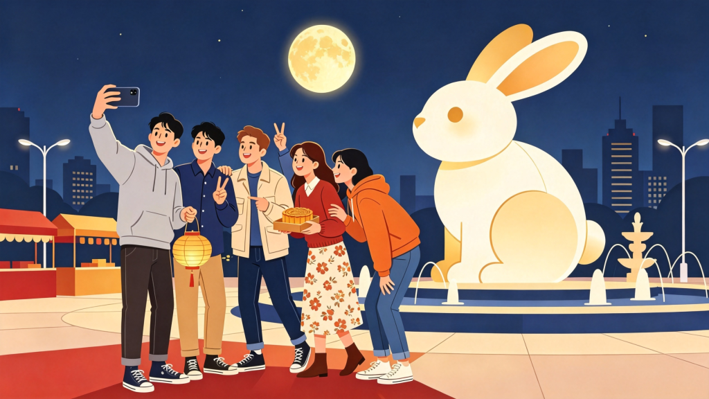 中秋朋友灯会游玩扁平风插画