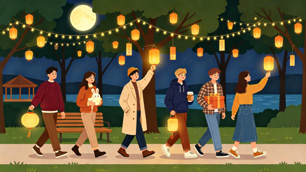 中秋朋友公园游玩扁平风插画