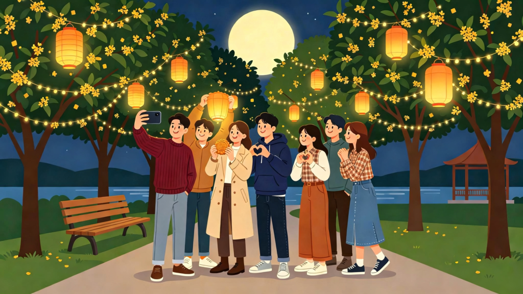 中秋朋友公园游玩扁平风插画