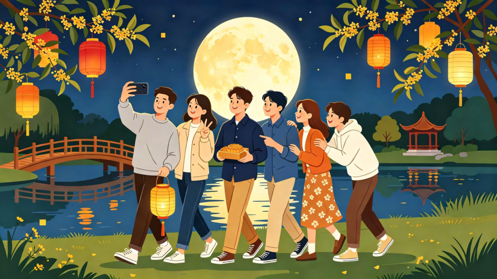 中秋朋友公园游玩扁平风插画
