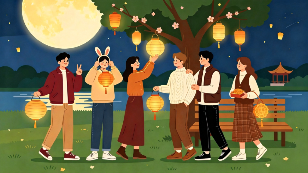中秋朋友公园游玩扁平风插画