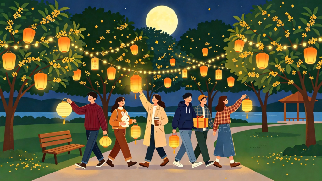 中秋朋友公园游玩扁平风插画