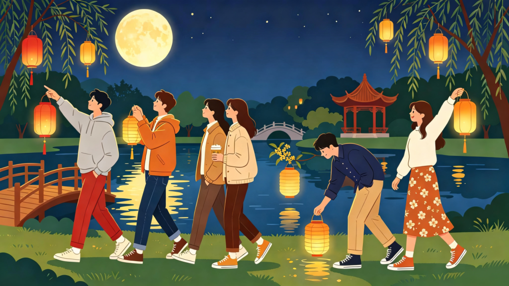中秋朋友公园游玩扁平风插画