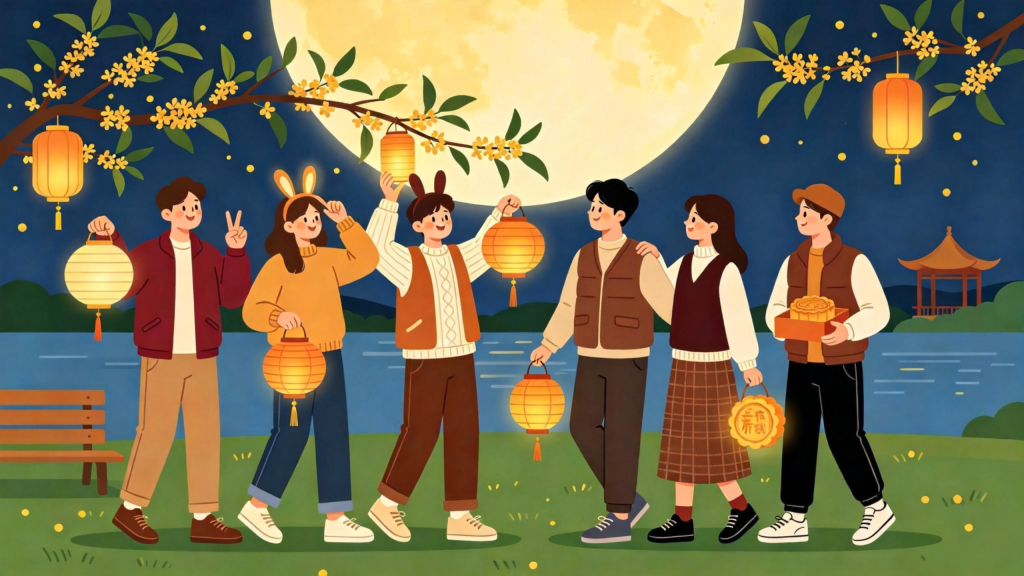 中秋朋友公园游玩扁平风插画