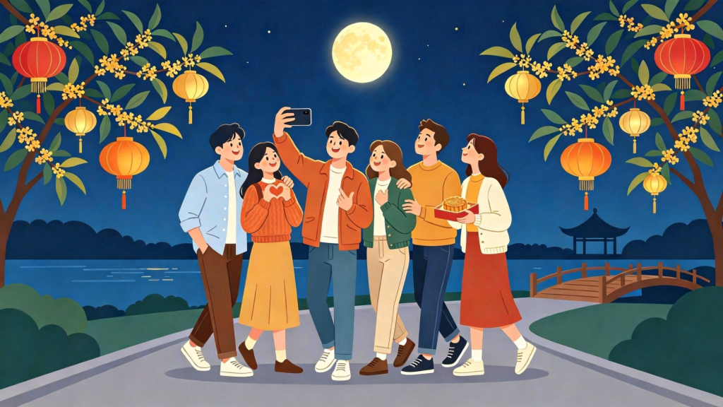 中秋朋友公园游玩扁平风插画
