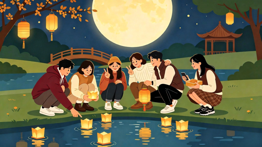 中秋朋友放河灯水灯扁平风插画