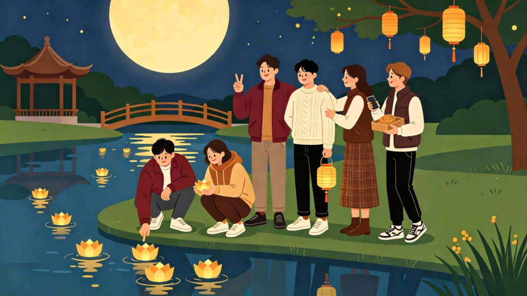 中秋朋友放河灯水灯扁平风插画