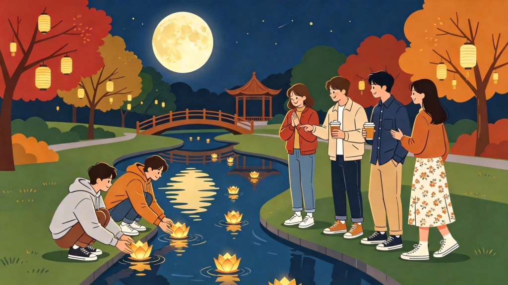 中秋朋友放河灯水灯扁平风插画