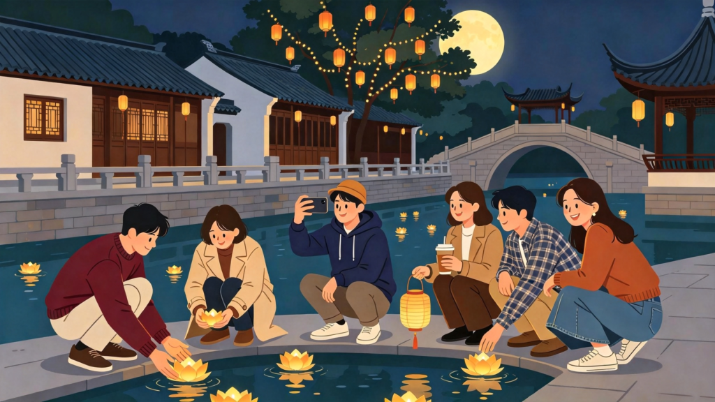 中秋朋友放河灯水灯扁平风插画