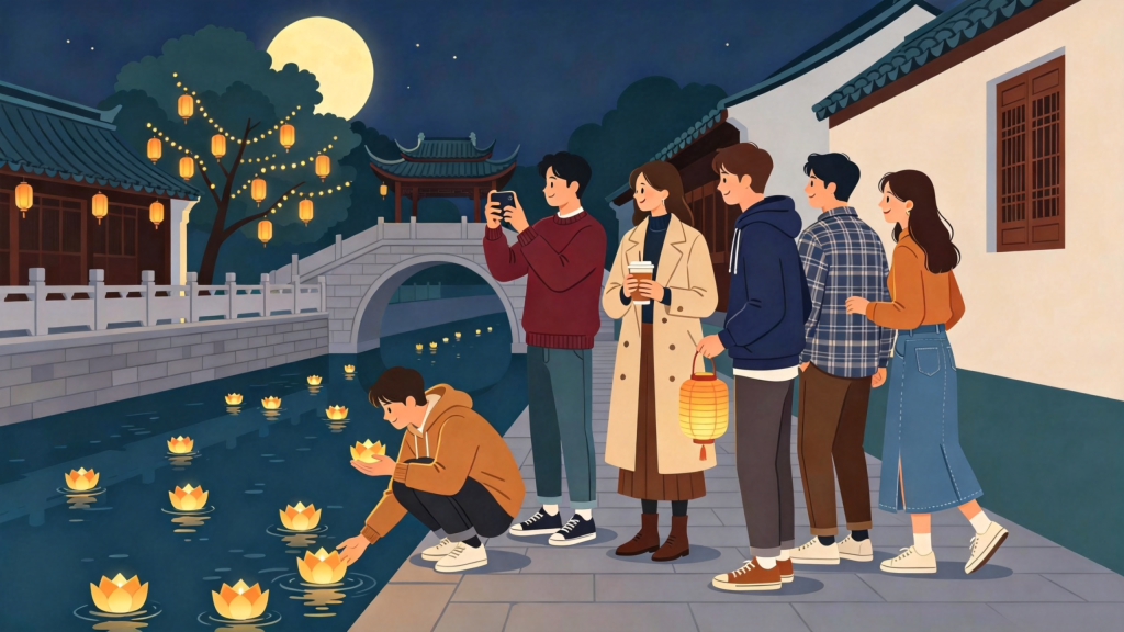 中秋朋友放河灯水灯扁平风插画