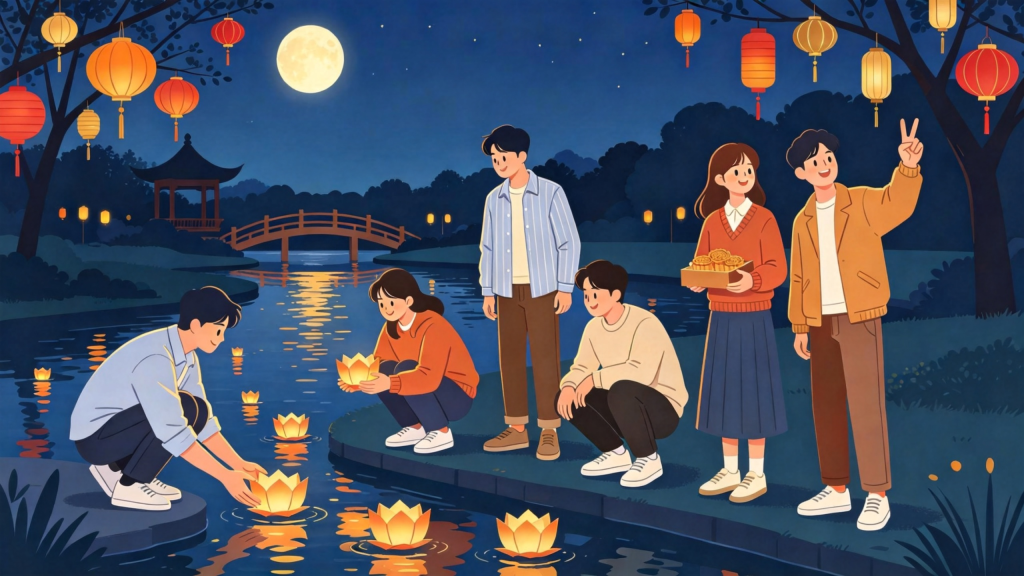 中秋朋友放河灯水灯扁平风插画