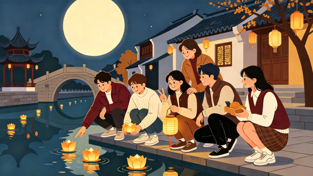 中秋朋友放河灯水灯扁平风插画