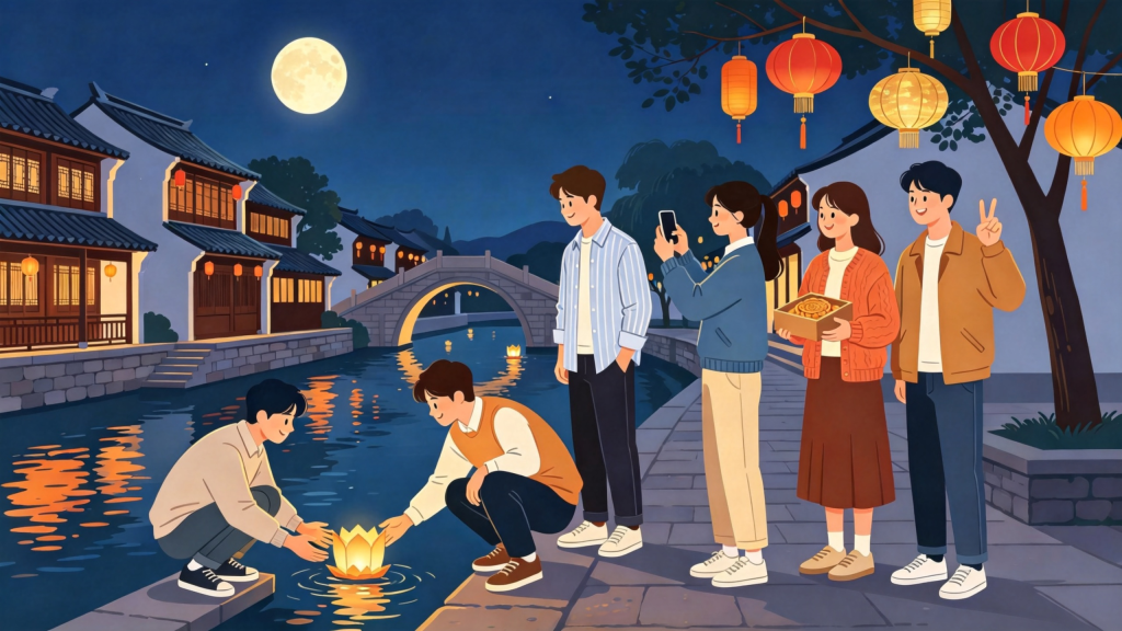 中秋朋友放河灯水灯扁平风插画