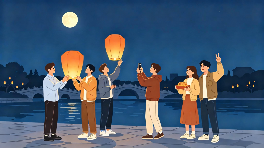 中秋朋友放孔明灯扁平风插画