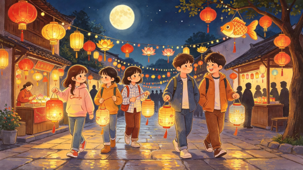 中秋朋友逛灯会儿童画插画