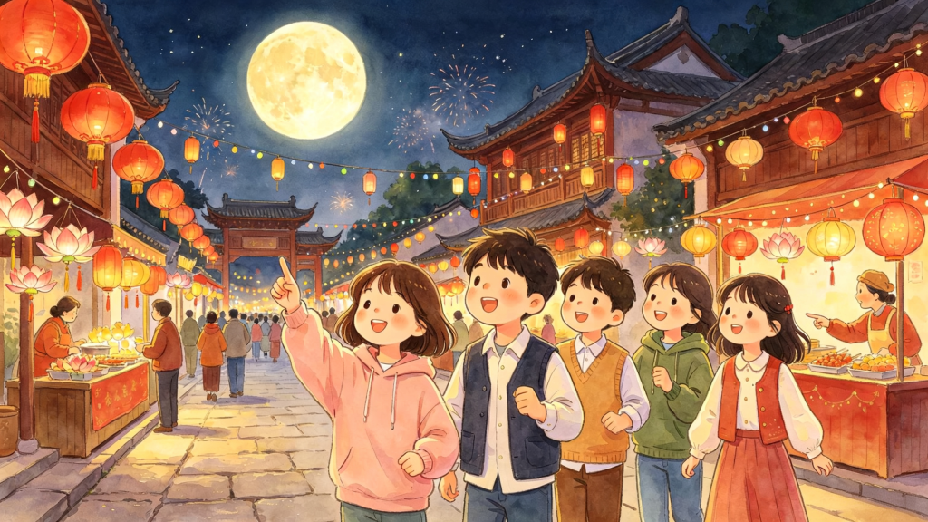 中秋朋友逛灯会儿童画插画