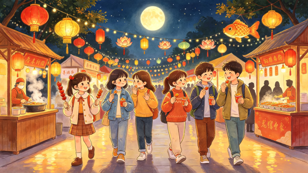 中秋朋友逛庙会儿童画插画