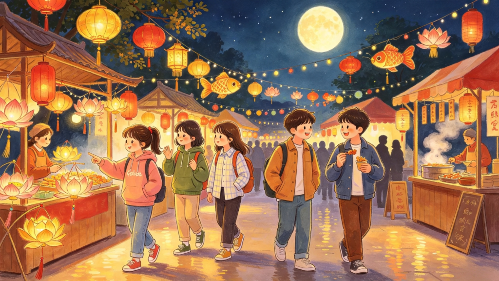中秋朋友逛庙会儿童画插画