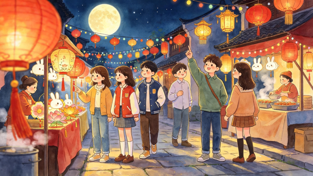 中秋朋友逛庙会儿童画插画