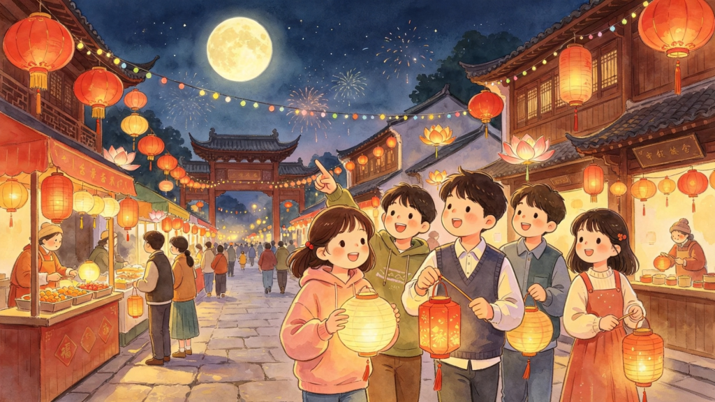 中秋朋友逛庙会儿童画插画