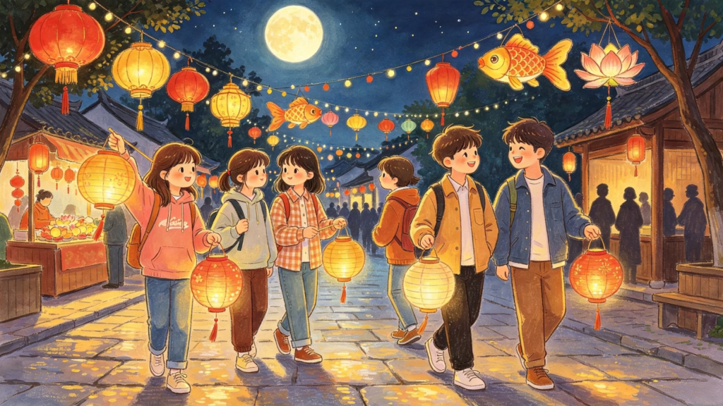 中秋朋友逛庙会儿童画插画