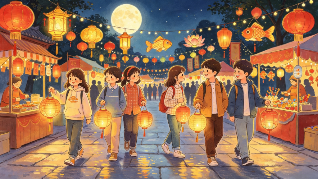 中秋朋友逛庙会儿童画插画
