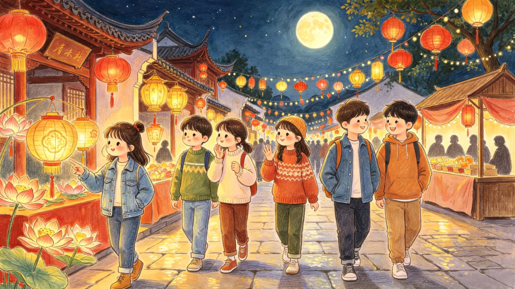 中秋朋友逛庙会儿童画插画