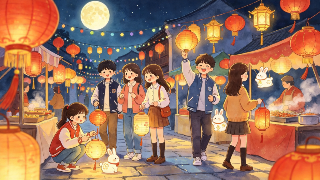 中秋朋友逛庙会儿童画插画