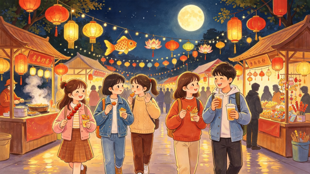 中秋朋友逛庙会儿童画插画