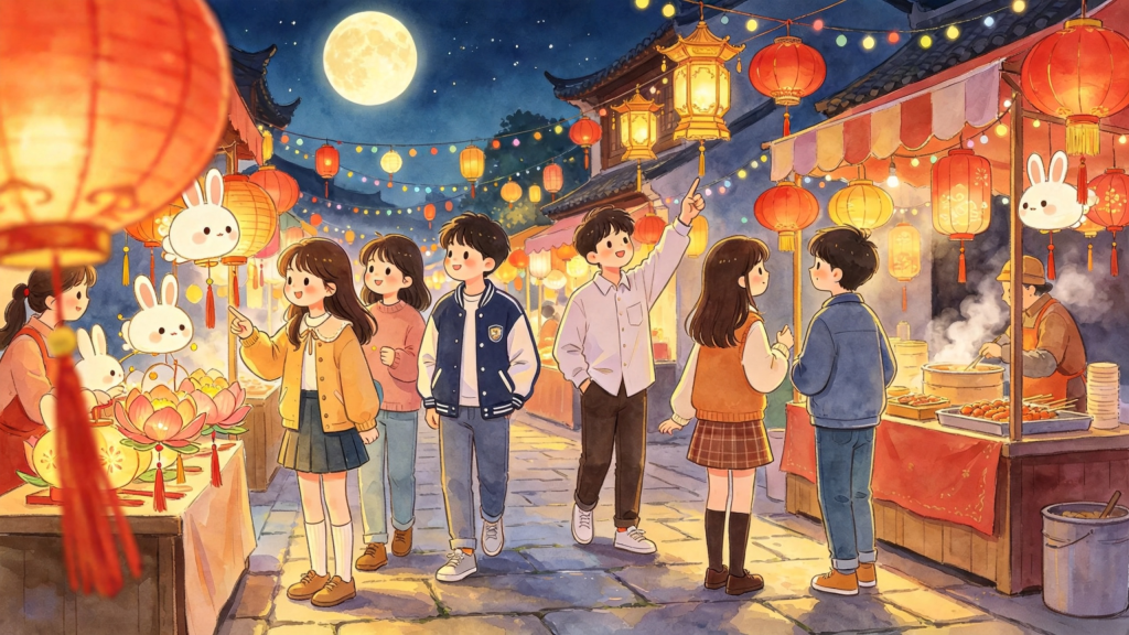中秋朋友逛庙会儿童画插画