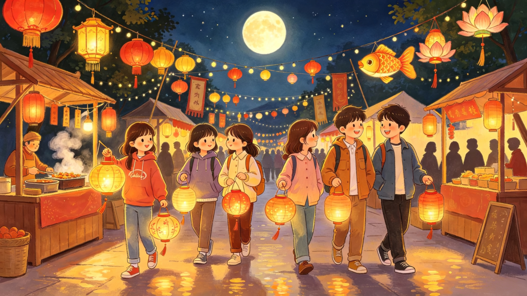 中秋朋友逛庙会儿童画插画