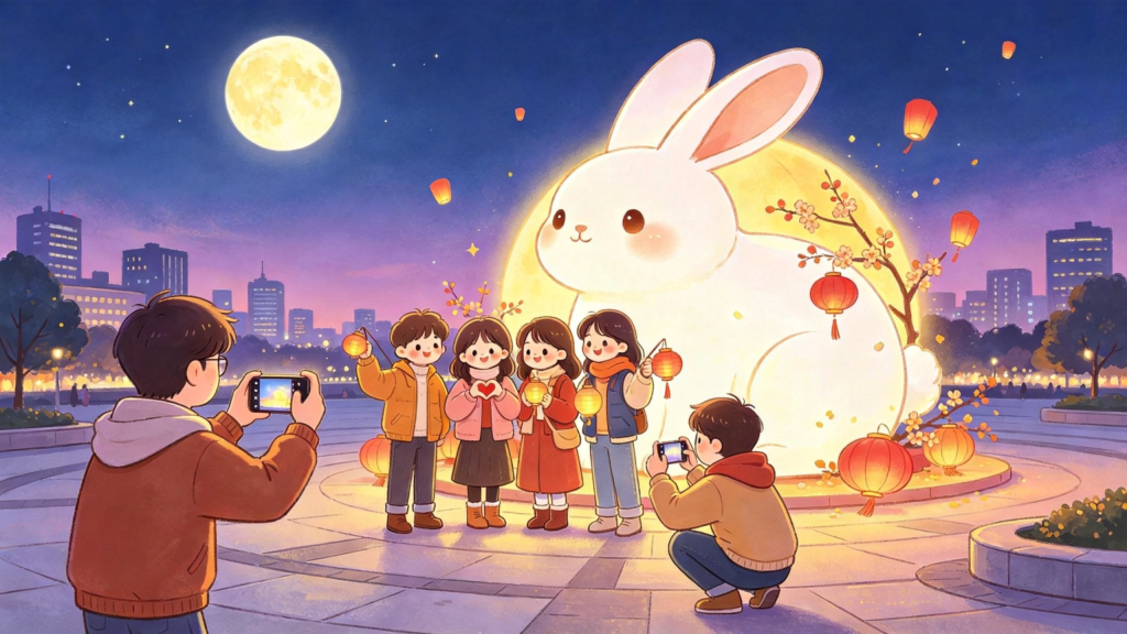 中秋朋友逛灯会儿童画插画