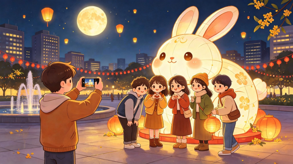 中秋朋友灯会游玩儿童画插画