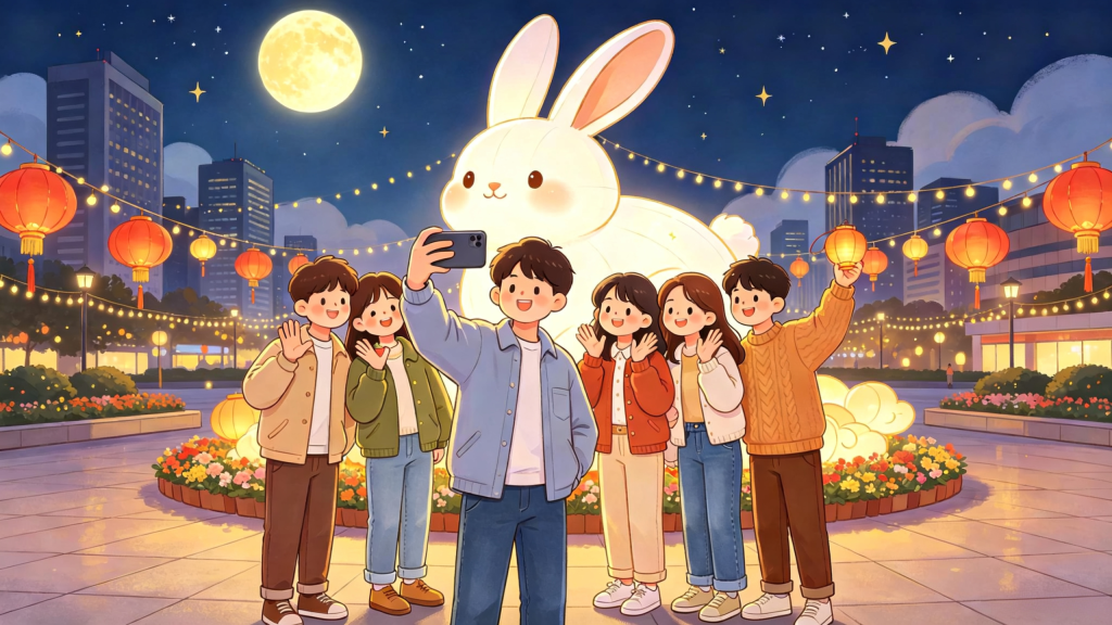 中秋朋友灯会游玩儿童画插画