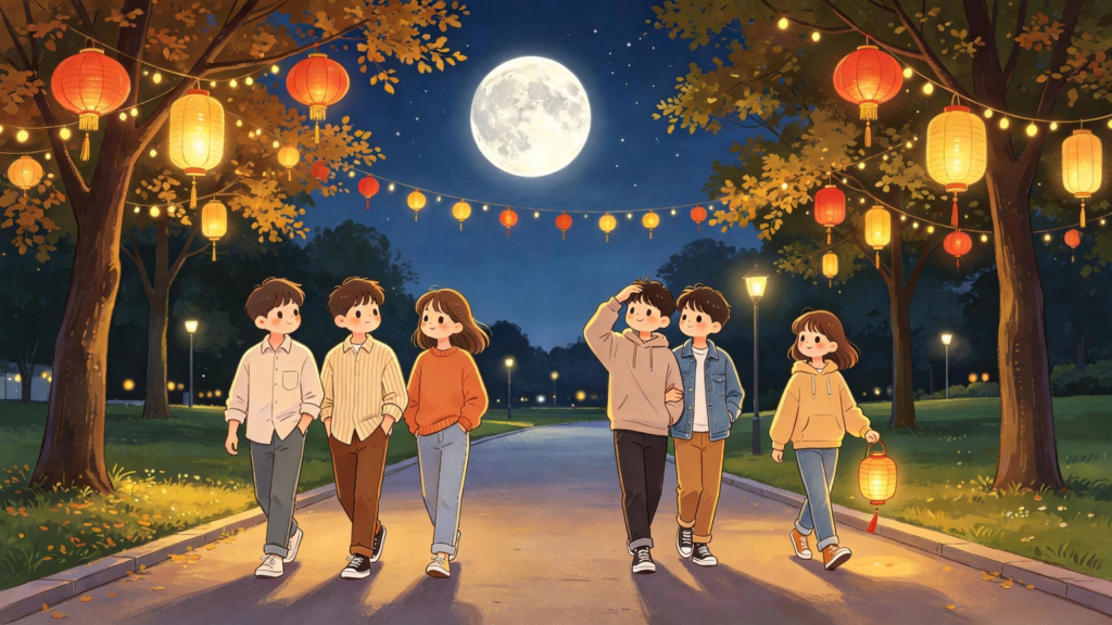 中秋朋友逛公园儿童画插画