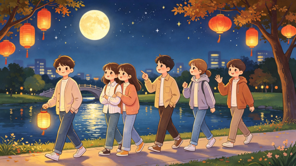 中秋朋友逛公园儿童画插画