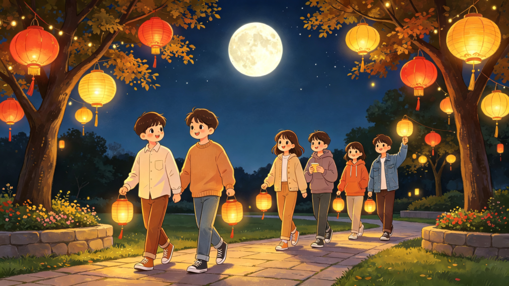 中秋朋友逛公园儿童画插画