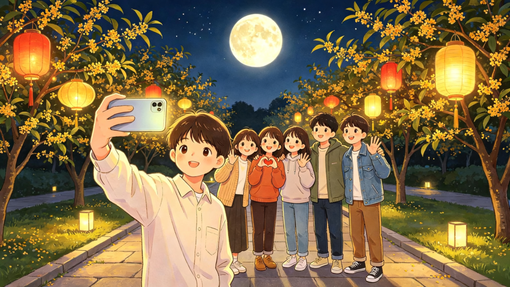 中秋朋友逛公园儿童画插画