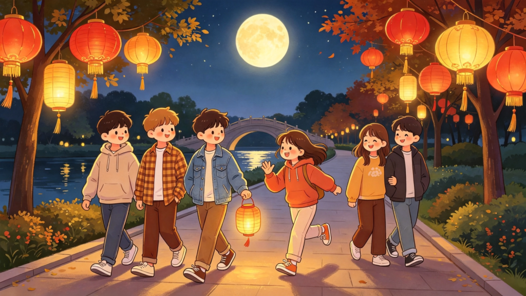中秋朋友逛公园儿童画插画