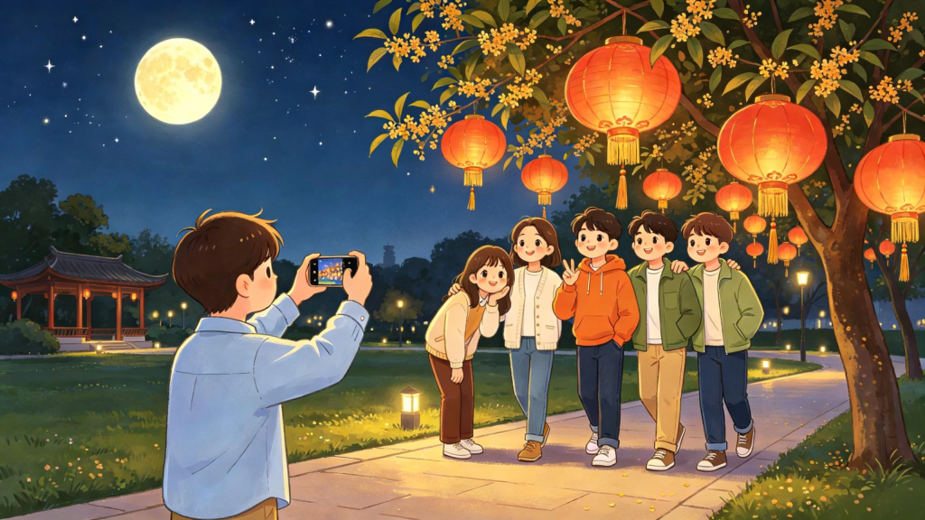 中秋朋友逛公园儿童画插画