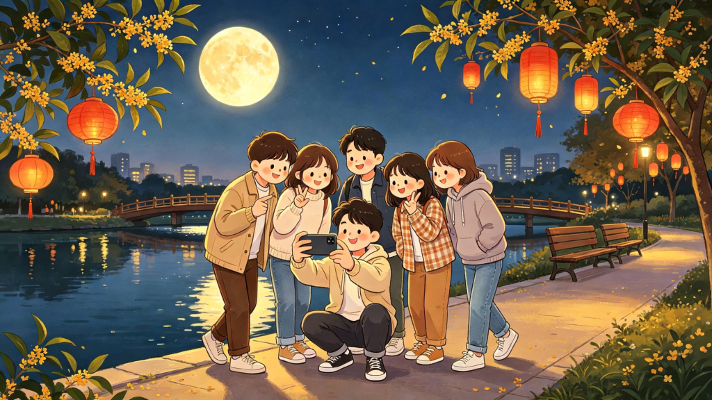 中秋朋友公园聚会儿童画插画