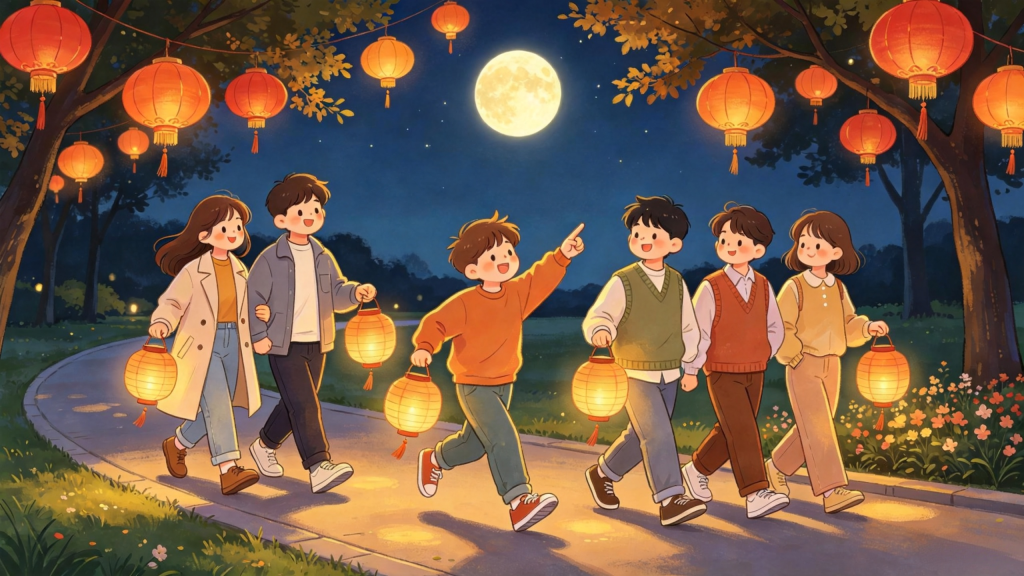 中秋朋友公园聚会儿童画插画