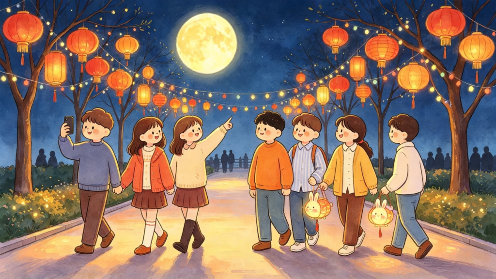 中秋朋友公园聚会儿童画插画