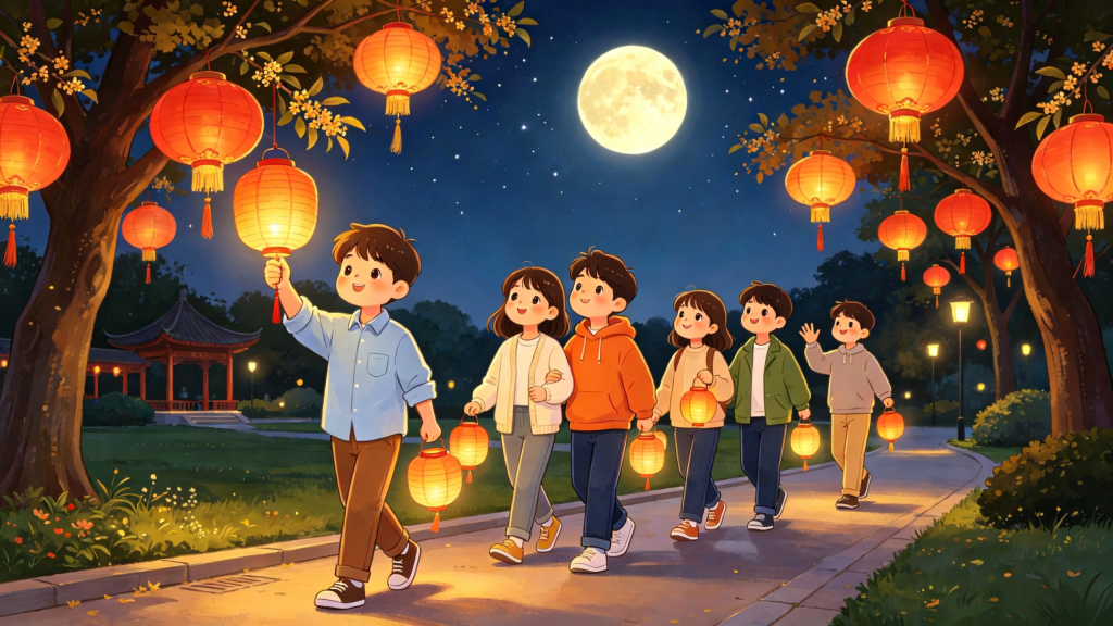 中秋朋友公园聚会儿童画插画