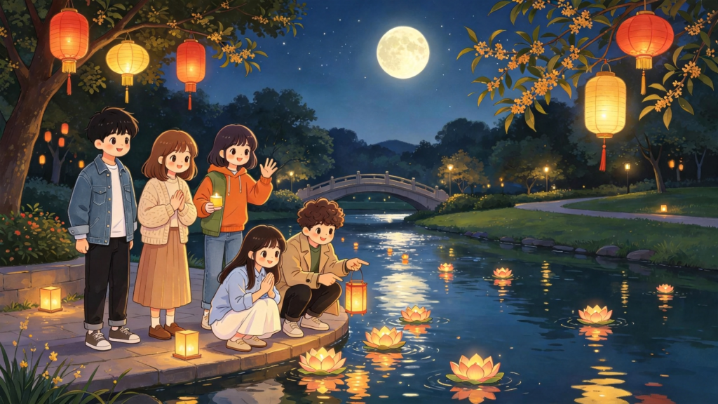 中秋朋友公园放河灯水灯儿童画插画