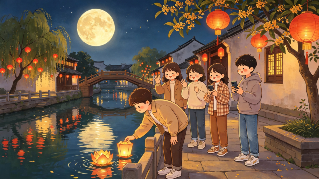 中秋朋友公园放河灯水灯儿童画插画